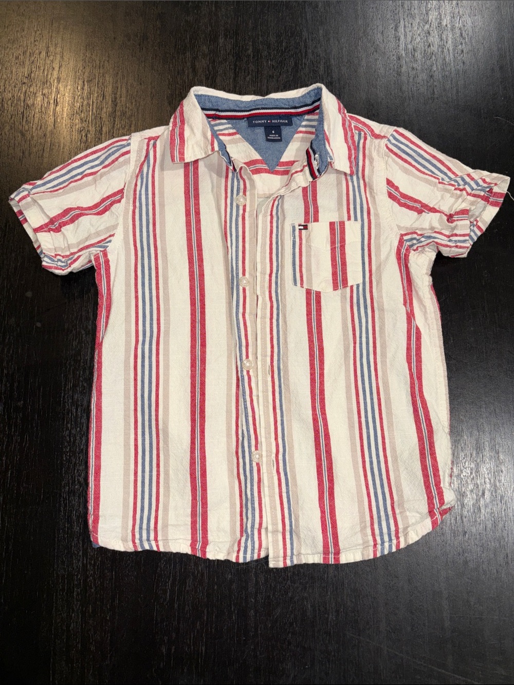 Tommy Hilfiger Red, Blue & Cream Striped Short-Sleeve Button-Down Shirt Boys 6